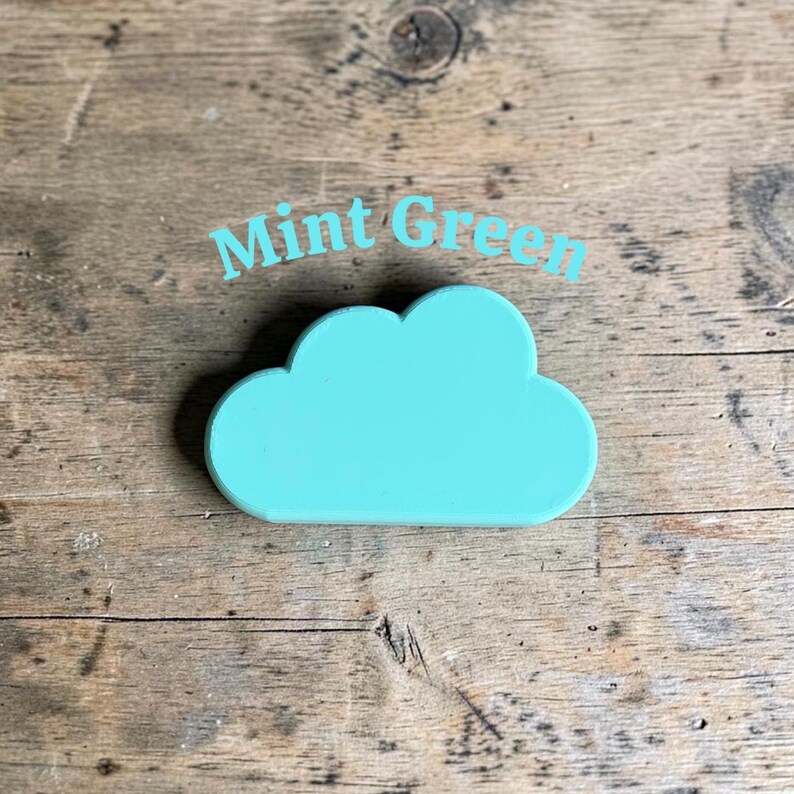 May include: A solid mint green cloud-shaped object with smooth, rounded edges. The word Mint Green is printed in light blue text above the cloud. The object has a flat, uniform surface and a simple, stylized silhouette representing a weather cloud.