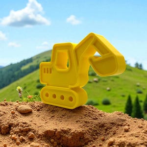 May include: A bright yellow toy excavator, set against a backdrop of a green hillside and blue sky. The toy features a detailed design with a cab, arm, and bucket, perfect for imaginative play. The toy is made of durable plastic.
