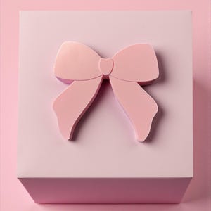 Puede incluir: Un lazo rosa claro está centrado en una caja cuadrada rosa claro. El lazo tiene una apariencia tridimensional con bordes curvos y un nudo detallado. El fondo es rosa claro a juego, creando una estética monocromática.