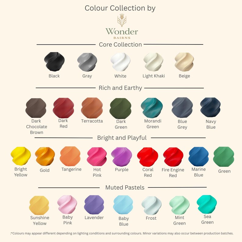 May include: A color chart titled Colour Collection by Wonder Bairns, featuring rows of small, twisted, spherical objects categorized into Core Collection, Rich and Earthy, Bright and Playful, and Muted Pastels, each labeled with its specific color name.