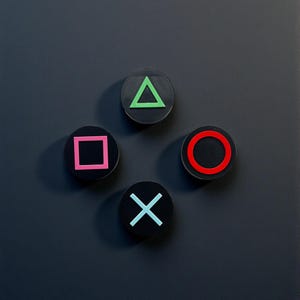 May include: Four black circular buttons with colored symbols: a green triangle, a pink square, a red circle, and a light blue X. The buttons are arranged in a diamond shape against a dark gray background.