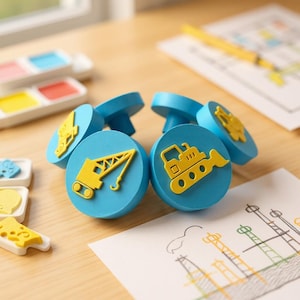 Puede incluir: Un conjunto de sellos de madera azules con diseños amarillos de vehículos de construcción, incluyendo una grúa y una excavadora. Los sellos están colocados sobre una superficie de madera clara, con acuarelas y un dibujo en el fondo.