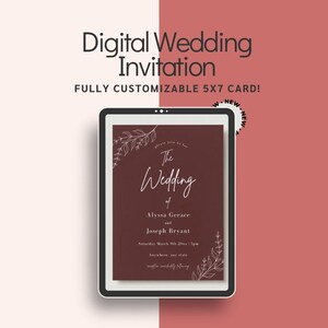 Burgundy and White Floral Wedding Invitation - Digital Template, Canva Design