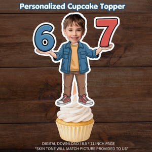Adornos personalizados para cupcakes con forma de cara / Decoraciones personalizadas para fiestas de cumpleaños de 6 y 7 años (Descarga digital)