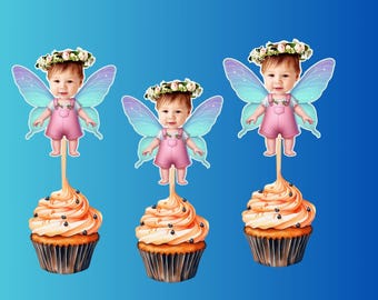 Adornos para cupcakes con cara de hada personalizada: Decoración digital para fiestas de cumpleaños