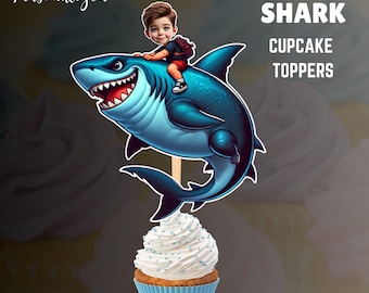 Adornos personalizados para cupcakes de tiburón: Fiesta de cumpleaños personalizada (impresión digital)