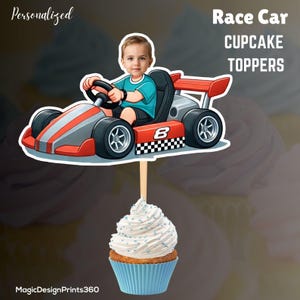 Personalized Race Car Face Cupcake Toppers: Racing Birthday (PDF)