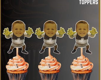 Adornos personalizados para cupcakes con cara de Shrek, adornos de cumpleaños personalizados con dibujos animados, adornos de cumpleaños de superhéroes, adornos de Shrek, adorno de cumpleaños de Shrek