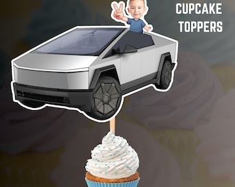 Adornos para cupcakes de Cyber Truck con cara personalizada / Decoración de cumpleaños de coche futurista / Fiesta de camiones eléctricos / Adornos para cupcakes de cumpleaños