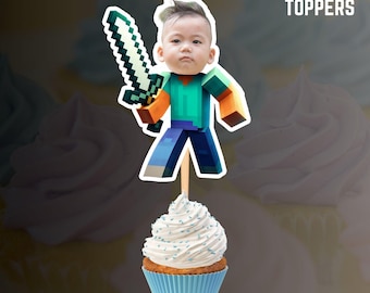 Adornos personalizados para cupcakes de gamer: Espada de diamante, Cumpleaños de píxeles (PDF)