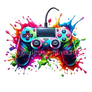 以下が含まれることがあります： 黒と白のデザインのカラフルなビデオゲームコントローラー。赤、青、緑、黄、紫など、さまざまな色のペイントの飛沫に囲まれています。