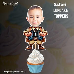 Gepersonaliseerde safari-cupcaketoppers: verkennerthema (digitaal bestand)