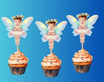 Adornos personalizados para cupcakes con cara de hada: Decoración para fiesta de cumpleaños (archivo digital)