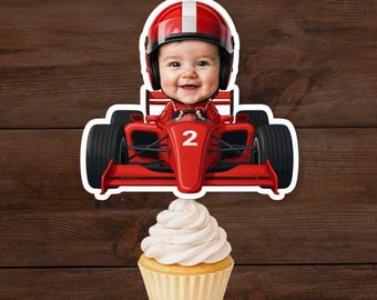 Personalized Race Car Baby Cupcake Toppers, Custom Photo, Funny Racing Birthday Decor, Printable Digital File, Instant Download