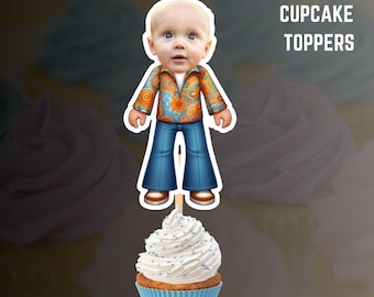 Adornos para cupcakes personalizados con caras de los años 70