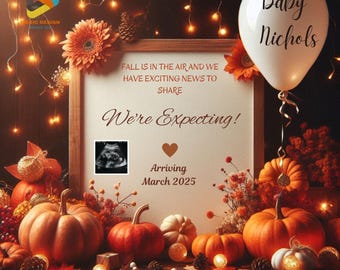 Anuncio de embarazo de otoño / Anuncio de bebé en redes sociales digitales / Plantilla editable Anuncio de género neutro "Estamos esperando"