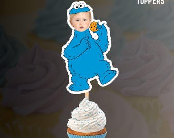 Adorno para cupcakes del Monstruo de las Galletas / Descarga digital / Decoración de cumpleaños personalizada con cara / Decoración imprimible para fiesta callejera