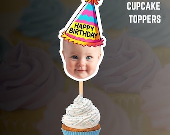 Adornos personalizados para cupcakes de cumpleaños con caras y sombreros de fiesta (archivo digital)