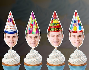 Adornos personalizados para cupcakes de cumpleaños con foto y sombreros de fiesta (archivo digital)