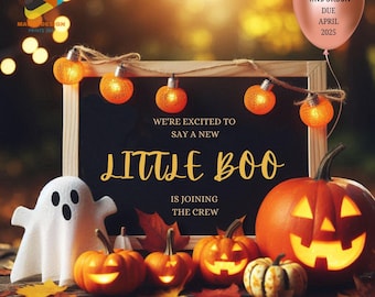 Anuncio de embarazo de otoño / Anuncio de bebé en redes sociales digitales / Plantilla editable / Little Boo / Anuncio de Halloween de género neutro