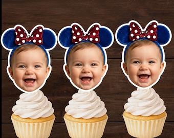 Personalized Mouse Ears Photo Cupcake Toppers, Custom Birthday Party Decor (Digital Download)
