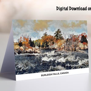 Chutes Burleigh, Ontario, Canada. Cartes de voeux imprimables 5 x 7 pouces (A7) et 4,5 x 6,25 pouces (A6). Carte canadienne à télécharger. Chutes Burleigh.