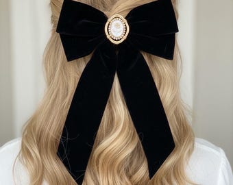 Laço de cabelo de veludo preto, laço de cabelo grande, laço de veludo grande, presilha de cabelo com laço, presilha de laço de veludo, laço clássico, laço de cabelo com presilha