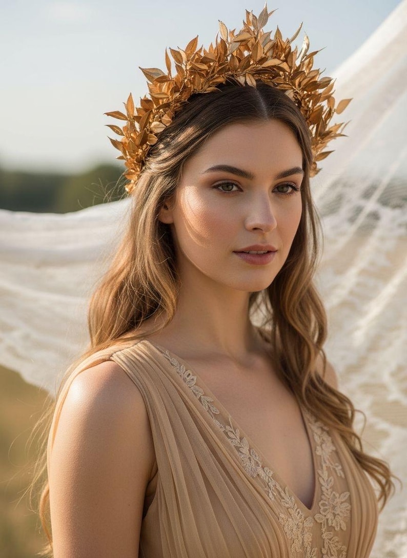 May include: A woman wearing a gold leaf crown and a beige dress. The crown is made of gold-colored leaves and sits atop her long, wavy brown hair. A sheer, white fabric flows in the background. The dress has a V-neckline with embroidered details.
