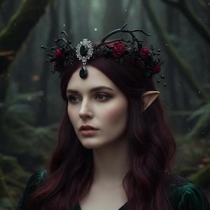 Schwarze Elfenkrone mit roten Rosen, schwarzes Feen-Diadem, Elfenstirnreif mit schwarzem Diamanten, Elfenkrone aus dem dunklen Wald, schwarzes Elfen-Diadem