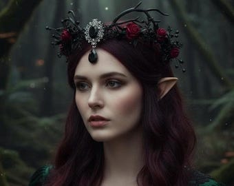 Black Elven Crown with Red Roses, Black Fairy Tiara, Elven Circlet with Black Diamond, Elven Dark Woodland Crown, Elf Headpiece Black Diadem