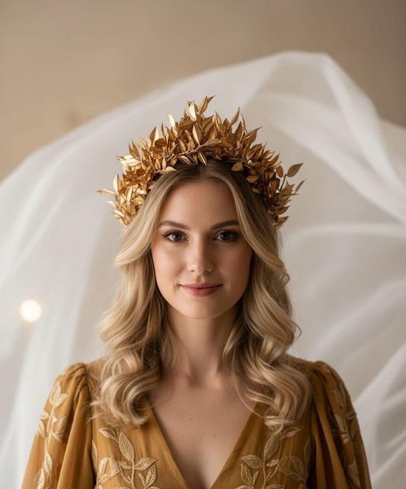 Golden Crown Flower Halo Lush Monochrome Crown Artificial Leaf Crown Gold Headband Boho Wedding Flower Girl Halo Golden Headband
