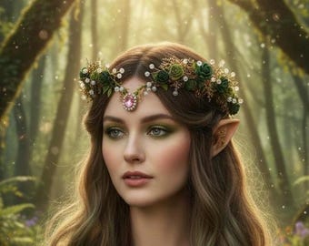 Woodland elven crown, fantasy flower circlet with gemstone, gold fairy headpiece, green roses hairpiece, woodland golden tiara, green Elven