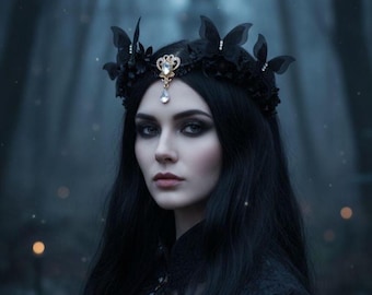 Black Elven Crown, Black Gothic Tiara, Raven Butterfly Crown, Witch Headpiece, Dark Elven Crown, Black Elf Headpiece, Dark Witchy Crown