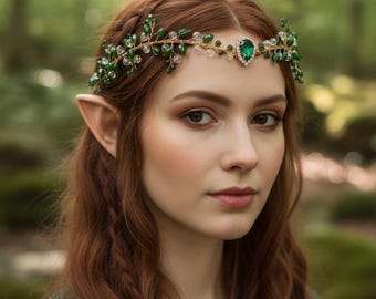 Elven Crystal Crown, Green Fairy Crysta Tiara, Elven Circlet with Diamonds, Woodland Crown, Elf Crystal Headpiece, Elven Green Crown