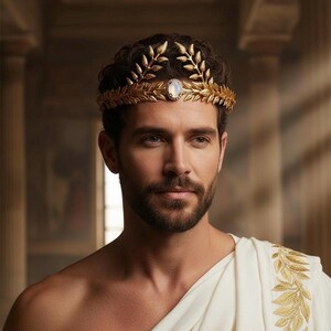May include: A gold-colored laurel wreath with a central gemstone adorns a person's head. The wreath is made of stylized leaves. The person is wearing a white toga with gold leaf detailing. The background is a blurred interior with columns.