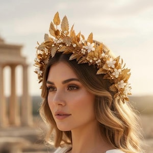 Corona da dea greca, copricapo da sposa in foglia d'oro, corona da sposa glamour, alloro romano, tiara da sposa glamour, matrimonio greco, copricapo romano