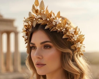 Greek Goddess Crown, Bridal Gold Leaf Headpiece, Bridal Glam Crown, Roman Leaf Laurel, Glamor Wedding Tiara, Greek Wedding, Roman Headpiece