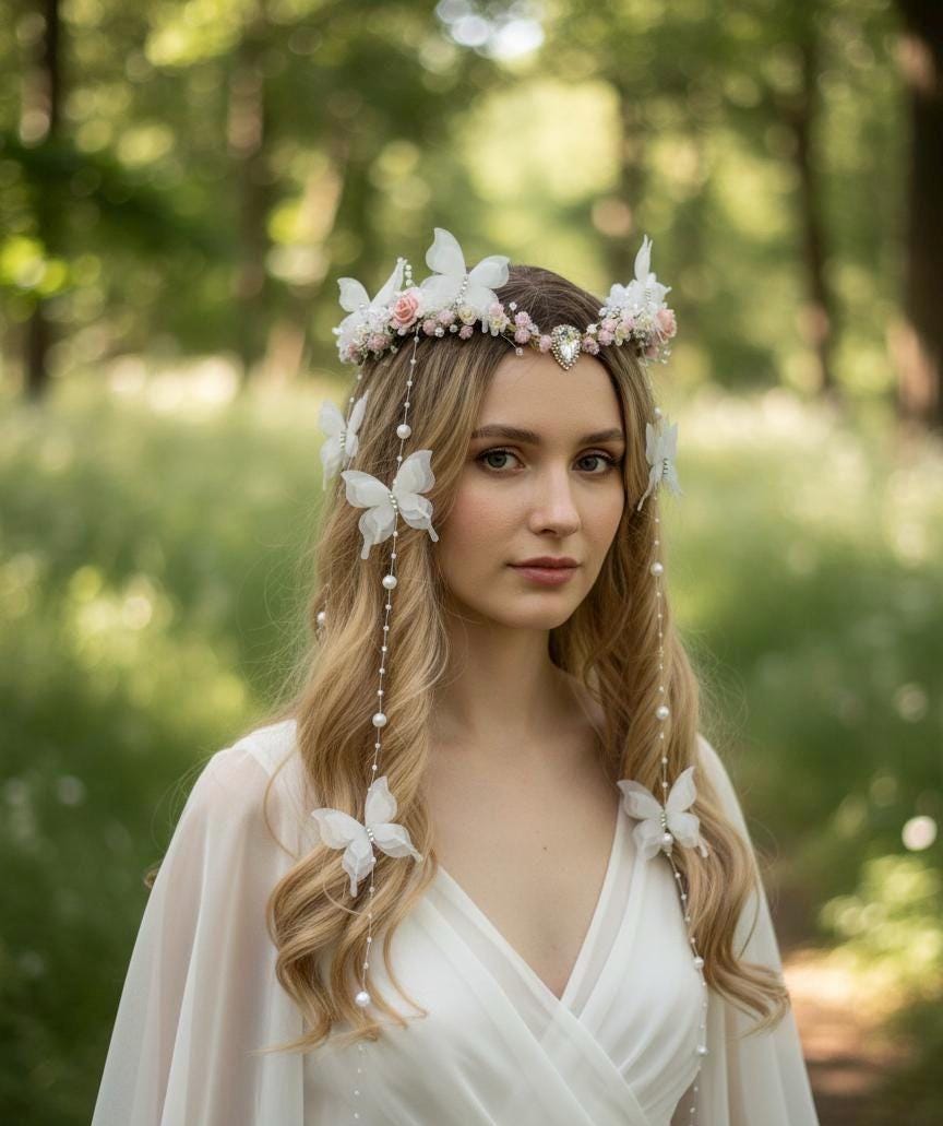 Fairy Butterfly Crown With Flowers and Pearls, Boho Bridal 