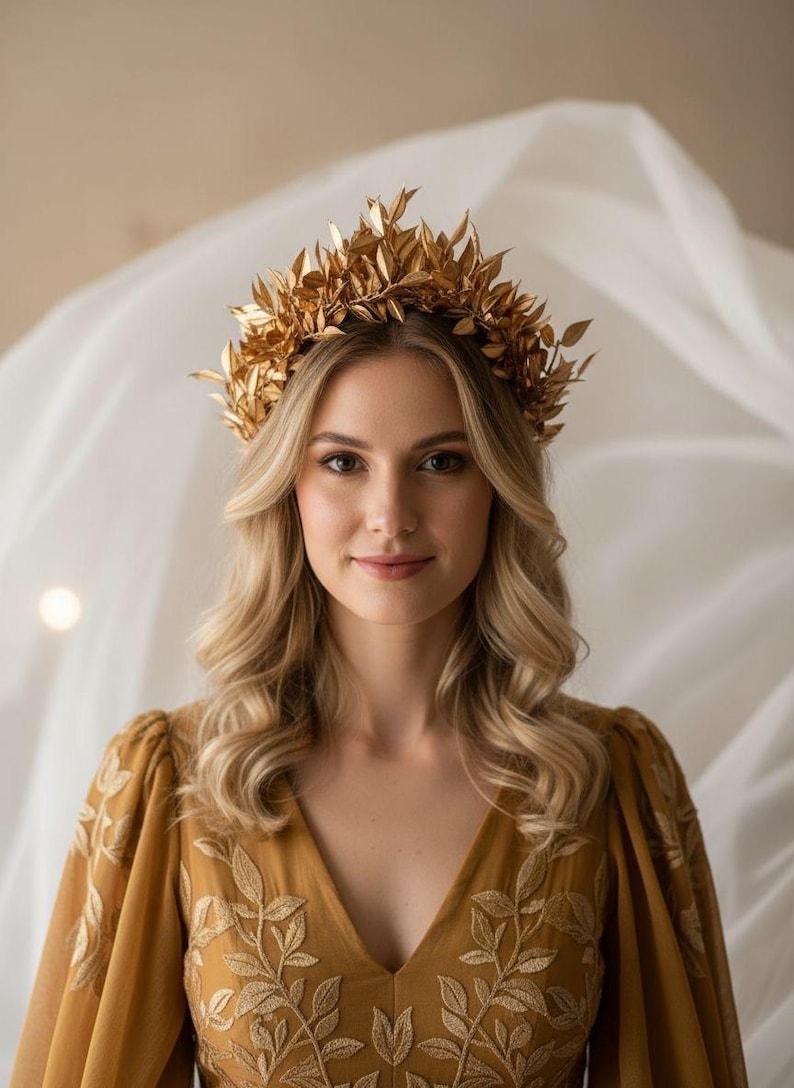 May include: A woman wearing a gold leaf crown and a mustard-colored dress with leaf embroidery. The crown is made of gold-colored leaves and sits atop wavy blonde hair. The dress has a V-neck and long sleeves.