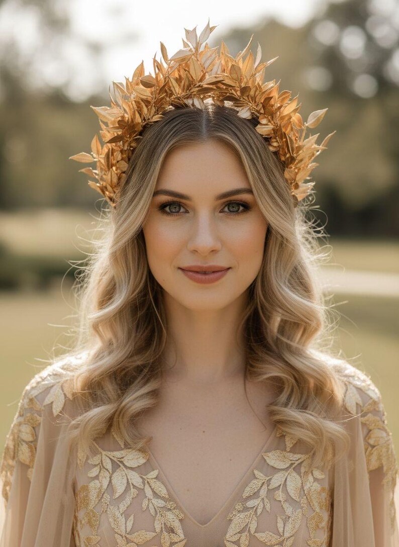 May include: A woman with blonde wavy hair wearing a gold leaf crown and a beige dress with gold leaf embroidery. The crown is made of multiple gold leaves. The background is a blurred green field.