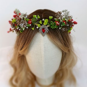Elfenkrone, Weihnachtsfeen-Tiara, Elfenreif mit rotem Diamanten und Kristallen, Waldfeenkrone, Elfenkopfschmuck, Festliche Krone