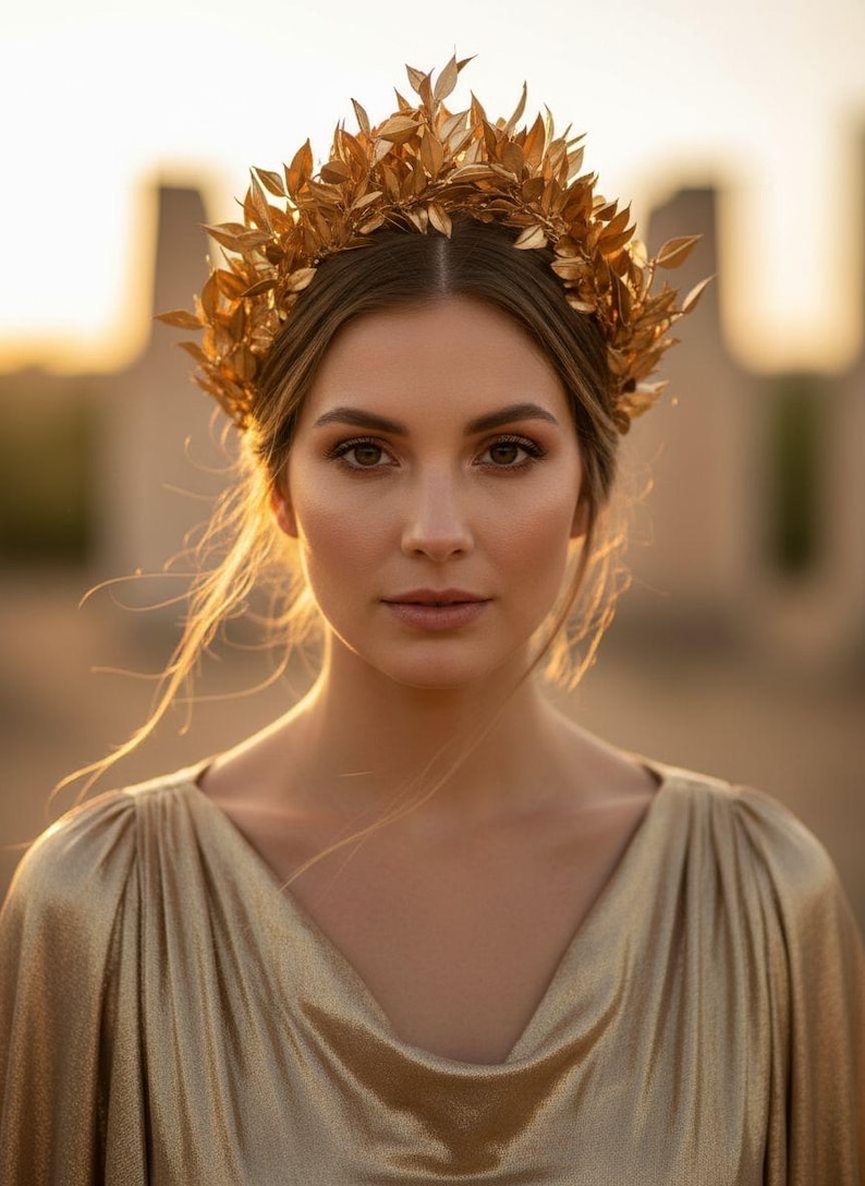 May include: A woman wearing a gold-colored leaf crown and a matching gold dress. The crown is made of multiple leaves. The dress has a V-neck and draped sleeves. The background is blurred with warm tones.