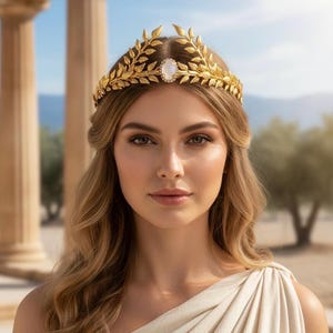 May include: A gold-colored leaf crown with a central oval gemstone. The crown is worn on the head of a person with long, wavy blonde hair. The person is wearing a cream-colored draped garment. The background features classical columns and a blue sky.