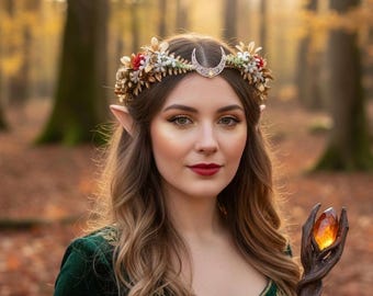 Gold Elven Crown with Red Roses, Autumn Fairy Tiara, Elven Circlet with Moon, Elven Woodland Crown, Elf Headpiece, Elvish Gold Diadem
