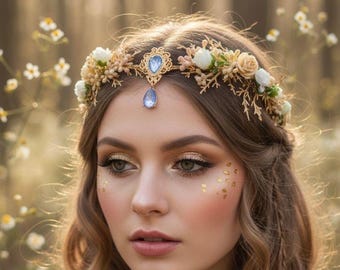 Elven Flower Crown, Gold Fairy Tiara with Roses, Elven Woodland Crown, Elf Flower Headpiece, Cottagecore Crown with Gold Twigs and Flowers