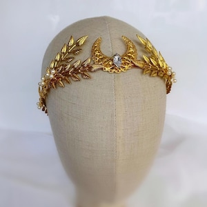 Moon tiara, gold leaf crown, crescent moon headband, elven hairpiece, fairy head piece, fantasy headpiece, fae hair piece, celestial crown