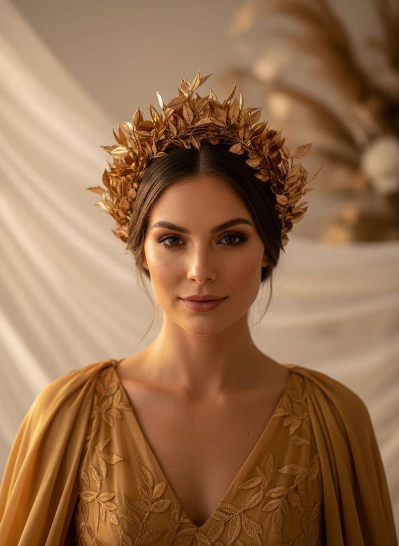 May include: A woman wearing a gold-colored leaf crown and a matching gold dress with embroidered floral details. The crown is made of multiple gold leaves. The dress has a V-neck and flowing sleeves.