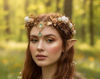 Elven Flower Crown, Gold Fairy Tiara with Roses, Elven Woodland Crown, Elf Flower Headpiece, Cottagecore Crown with Gold Twigs and Flowers