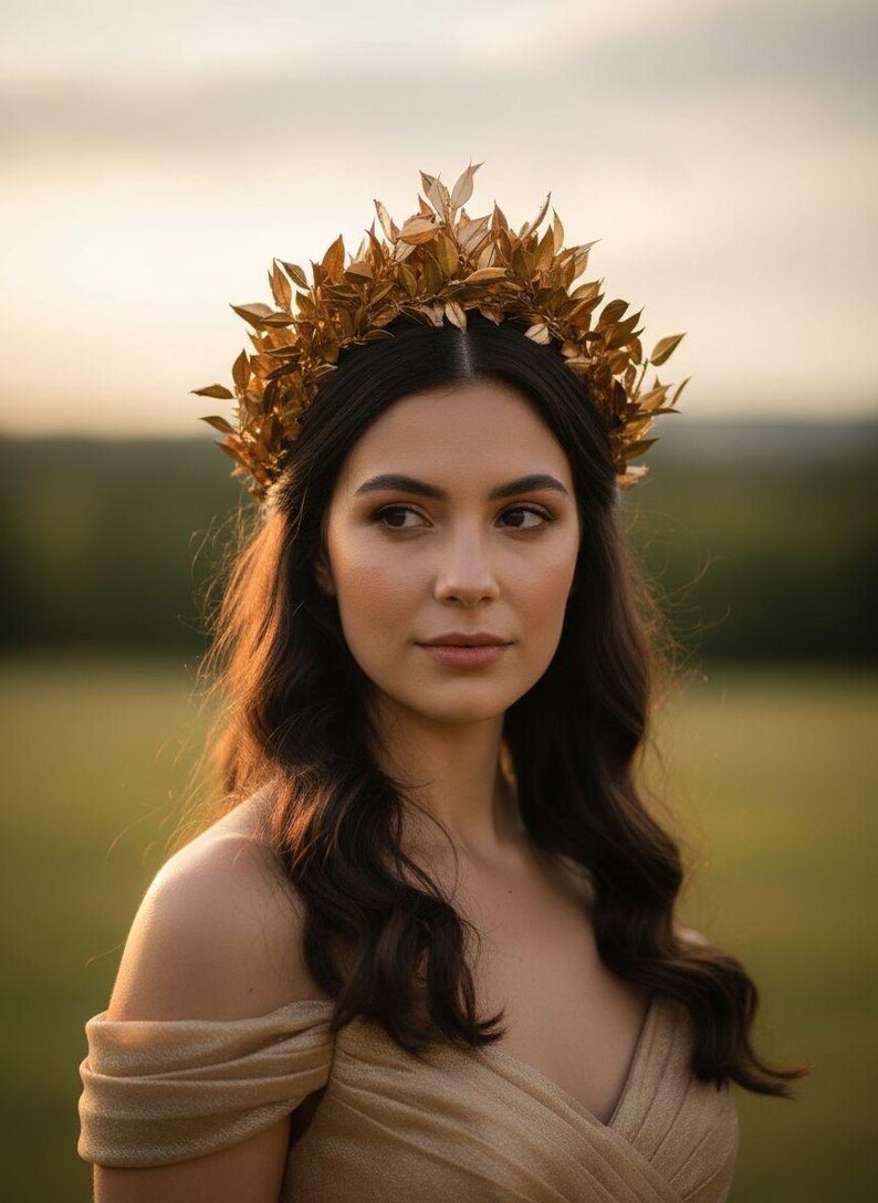 May include: A woman wearing a gold-colored leaf crown. The crown is made of multiple gold leaves. She is wearing a gold-colored off-the-shoulder dress. The background is a blurred green field and a soft, golden sky.