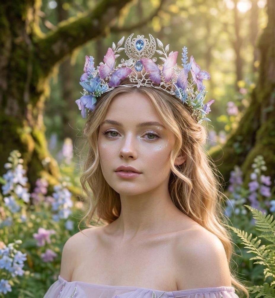 Gold Butterfly Flower Crown Tiara Pearl Crystal Fairycore Bridal Headpiece Fairy Butterfly Crown With Flowers and Pearls, Boho Bridal  main image 3